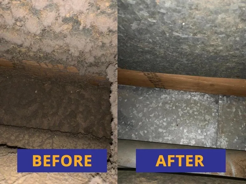 Before and after view of a cleaned air duct